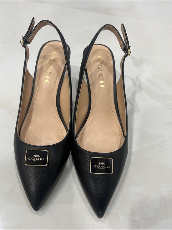 Coach Shoes - Coach Black Leather Pointed Slingback Mules with Gold Plaque